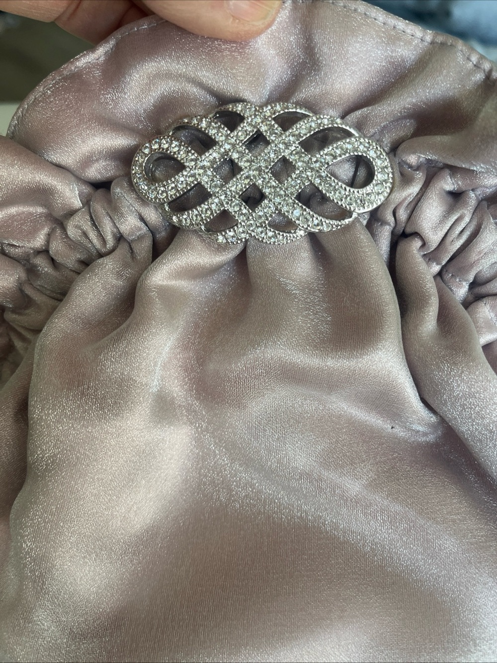 Vintage Elegant Satin Drawstring Clutch Bag in Dusty Rose with Crystal Accent